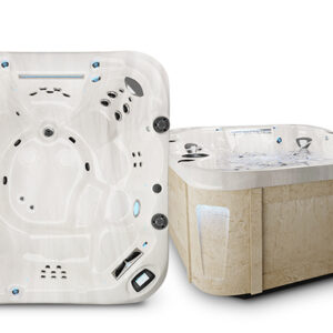 profile-apexb-curve - The Pool & Spa Store Coast Spas hot tub with white acrylic interior and light stone-look exterior, featuring LED accents, massage jets, and contoured seating for 6+ users.