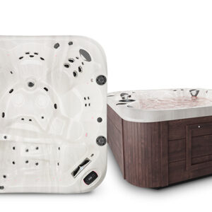profile-apexl - The Pool & Spa Store Luxury Coast Spas hot tub with white acrylic interior and wood-style exterior cabinet, featuring ergonomic seating and multiple jet configurations.