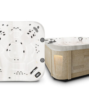 profile-elementb - The Pool & Spa Store Coast Spas hot tub with white acrylic interior and beige stone-look exterior, featuring multiple hydrotherapy jets, LED lighting, and contoured seating.