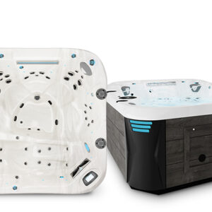 profile-elementl-curve - The Pool & Spa Store Coast Spas hot tub with white acrylic shell, dark wood-look cabinet, and blue LED accents—featuring multi-jet hydrotherapy seating and sleek modern design.