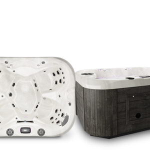 profile-omegab - The Pool & Spa Store Coast Spas 5-person hot tub featuring a white interior with contoured seats, hydrotherapy jets, and a dark wood-style exterior cabinet
