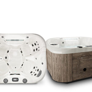 profile-omegab-curve - The Pool & Spa Store Coast Spas 5-person hot tub with contoured white interior and rustic wood-style exterior, featuring curved ergonomic seats, multiple hydrotherapy jets, and integrated headrests.