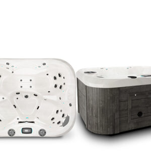 profile-omegal - The Pool & Spa Store Coast Spas 4-person hot tub with a white interior shell, ergonomic seating, hydrotherapy jets, and a modern dark wood-look exterior paneling.