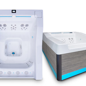 profile-purfikt - The Pool & Spa Store Modern swim spa with a sleek white acrylic interior, powerful jet system, and a light gray wood-look exterior cabinet with bright blue accent base trim.